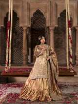Champagne gold bridal outfit featuring intricate traditional embroidery