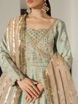 Champagne gold dupatta with metallic striped detailing styled with a mint green gown.