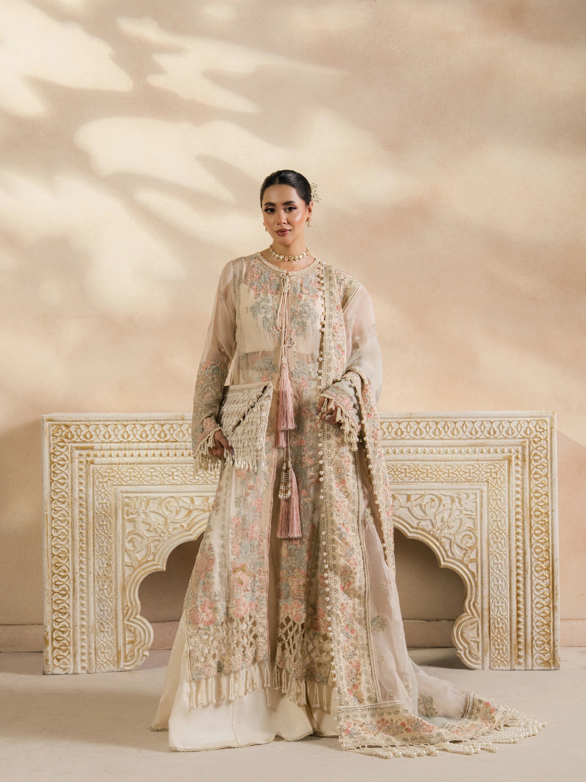 Ivory beige embroidered long shirt with pastel floral dupatta