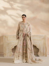 Ivory beige embroidered long shirt with pastel floral dupatta