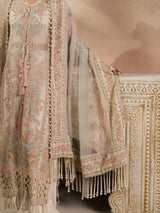 Ivory beige outfit with embroidered net dupatta and pearl fringe