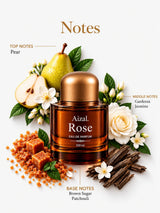 Luxury Aizal Rose Eau de Parfum bottle photographed against a clean light grey background with soft shadows.
