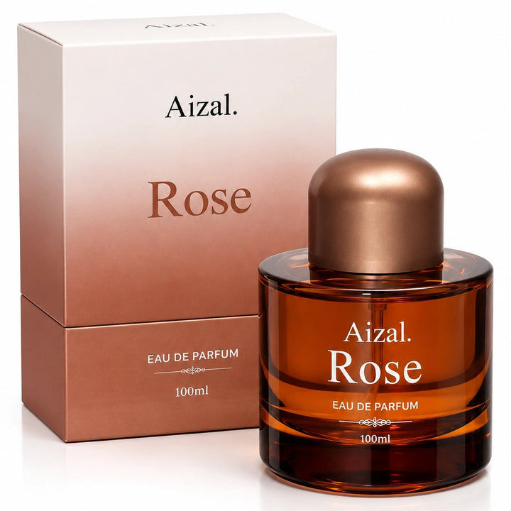 Luxury  Rose perfume displayed in sophisticated brown packaging on a marble surface with warm natural lighting.