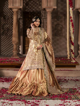 Luxury golden embroidered Pakistani bridal gharara with matching dupatta