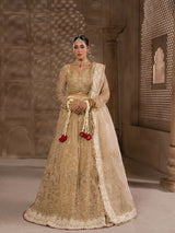 Luxury golden embroidered bridal lehenga with matching dupatta