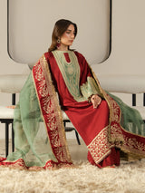 Maroon party wear suit with embroidered bell sleeves and a detailed gold hem.