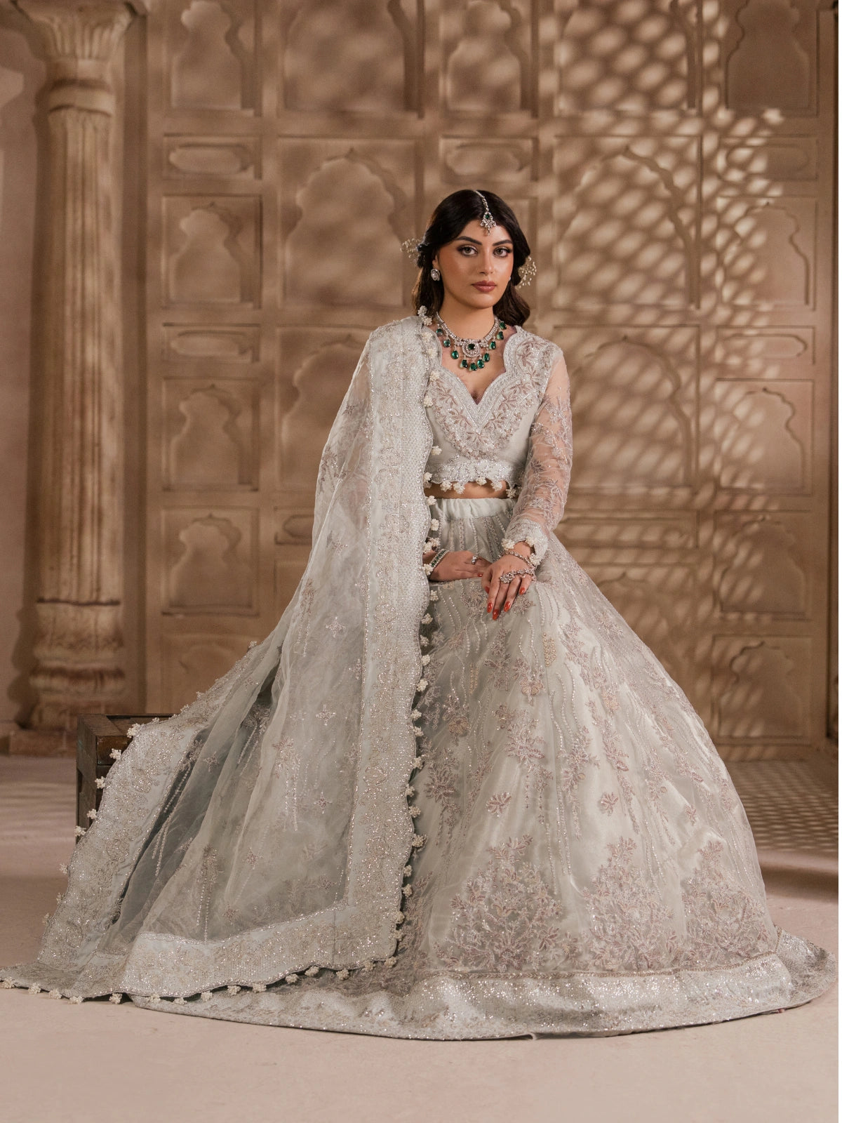 Luxury Pakistani bridal lehenga with intricate silver embroidery