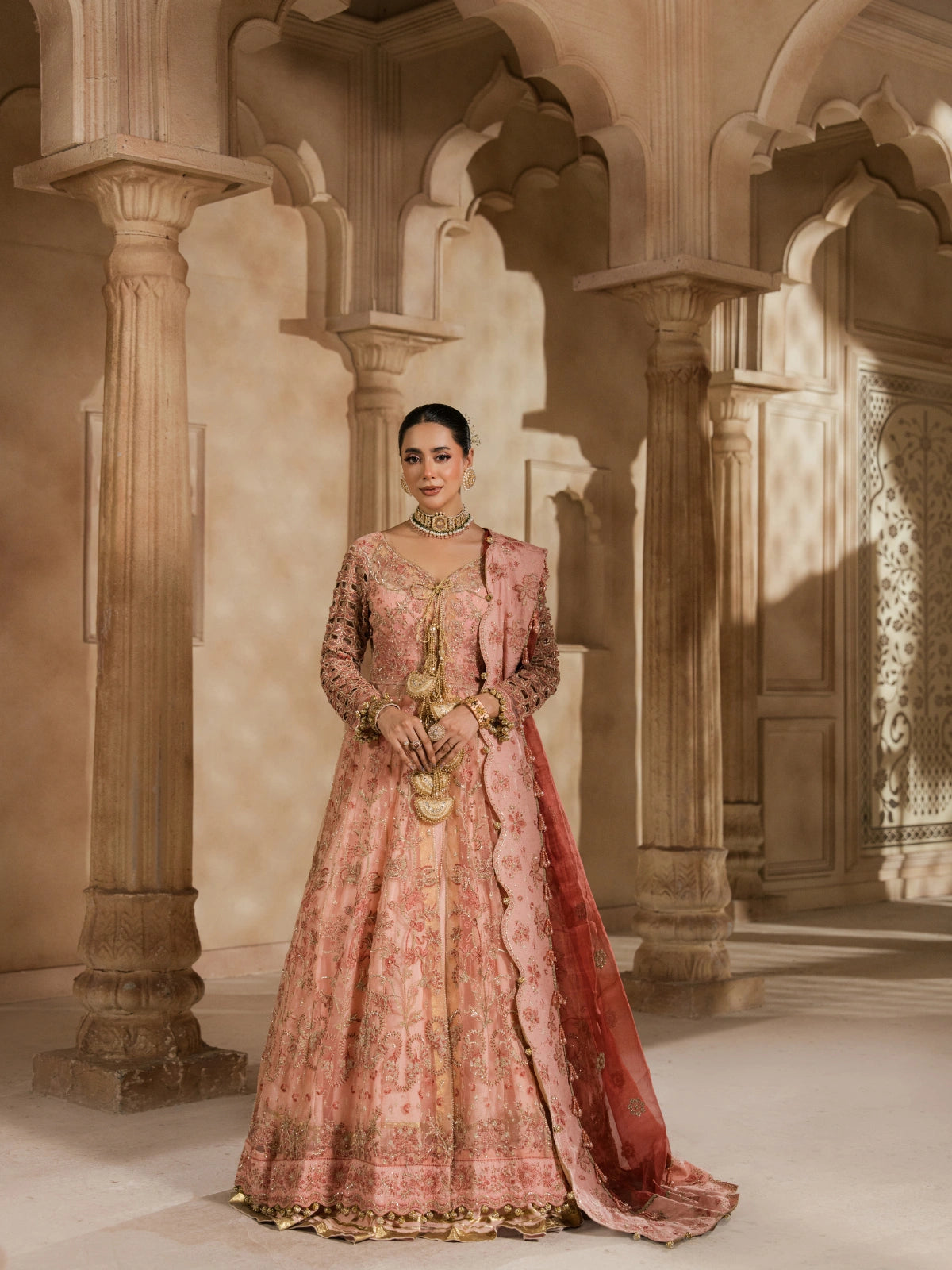 Luxury Pakistani formal dress with antique gold embroidery