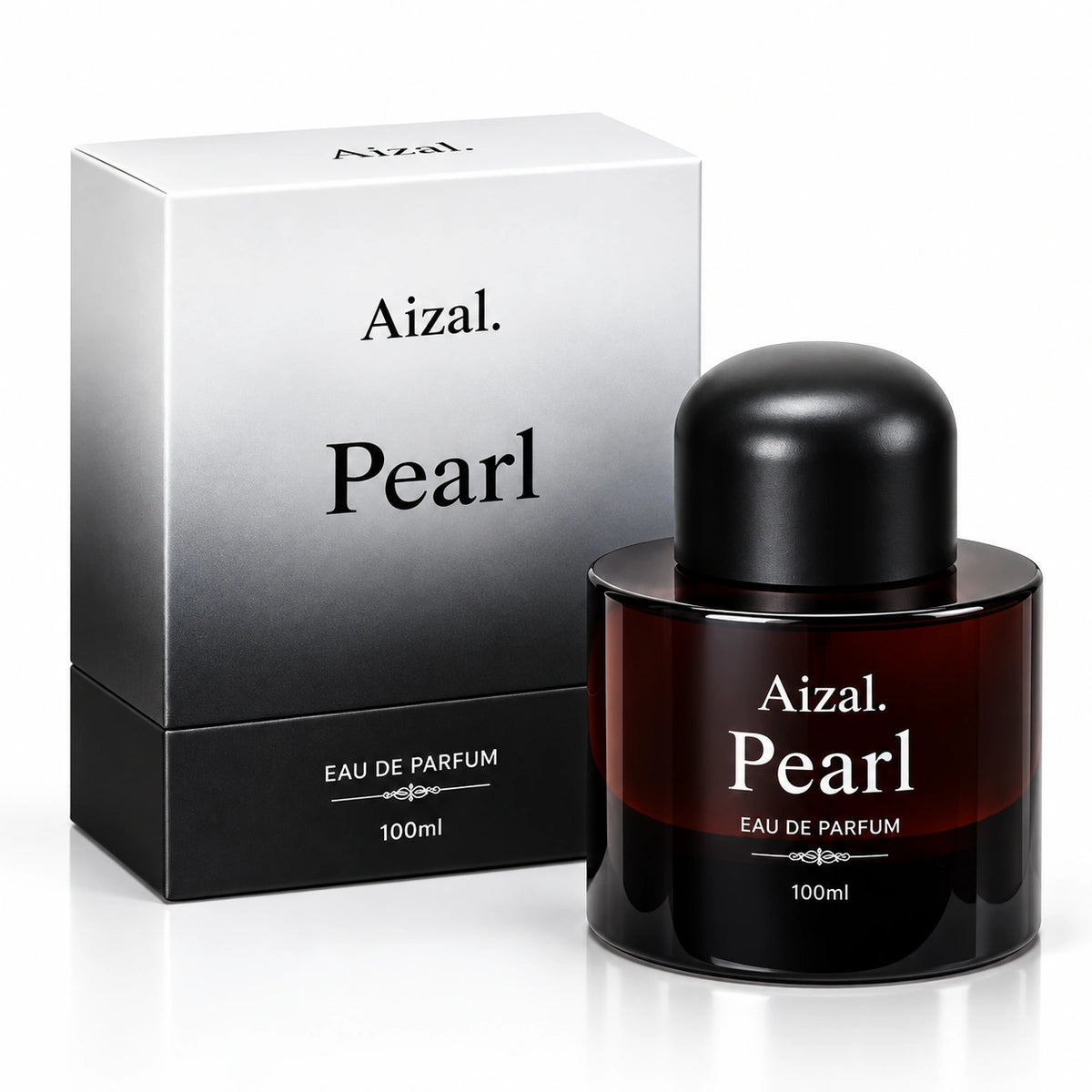 Pearl Eau De Parfum 100ml bottle with a black cap next to its silver-to-black gradient packaging box on a white background.