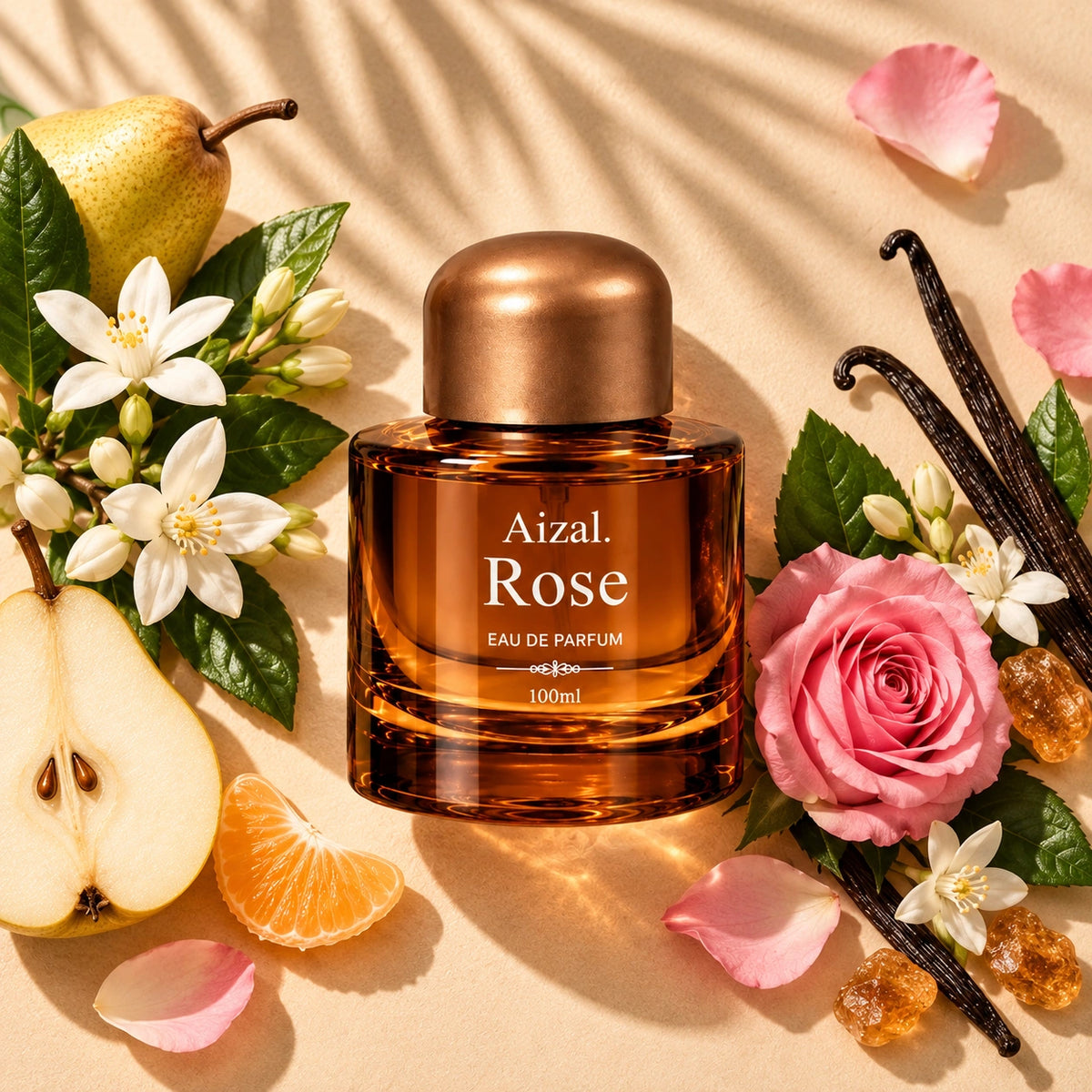  Rose Eau de Parfum 100ml bottle with a metallic copper cap, styled in a flat-lay arrangement with a pink rose, vanilla beans, white flowers, pears, and orange slices on a beige background with leaf shadows.