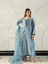 Sky blue women's embroidered suit with a sheer matching dupatta and elegant embellished neckline.