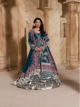 Teal blue embroidered bridal lehenga with plum dupatta