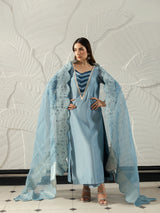 Women's luxury pret outfit in sky blue with embellished sleeves and a layered neckline design.