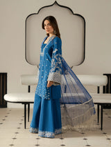 Women's royal blue kurta with silver embroidery and wide-leg trousers.