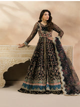 Full-length black bridal outfit with gold embroidery and elegant dupatta