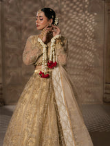 Elegant bridal outfit with gold detailing and sheer dupatta