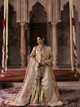 Luxury champagne gold embroidered bridal sharara with pink dupatta