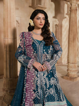 Teal blue formal wedding dress with silver border