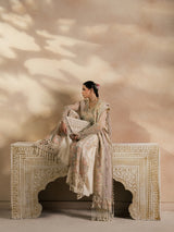 Designer ivory long shirt with pearl embellishments and matching dupatta