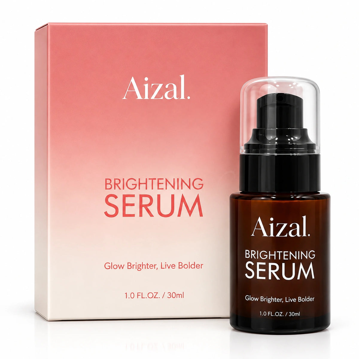  Brightening Serum shown with its pink gradient box and amber pump bottle 